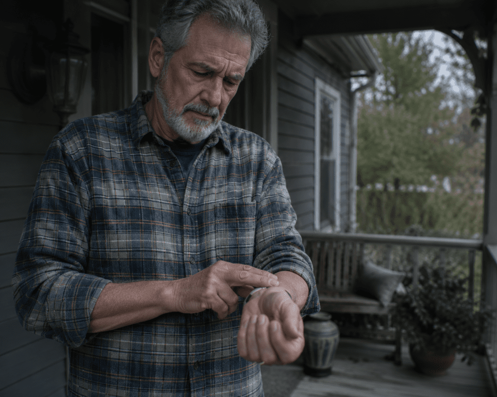 Older man checking pulse on porch noticing low blood sugar warning signs

