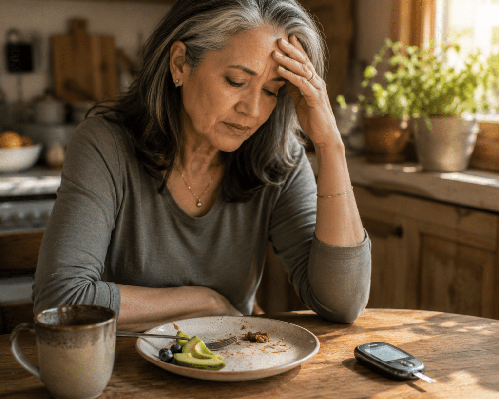 Older woman experiencing low blood sugar symptoms at kitchen table