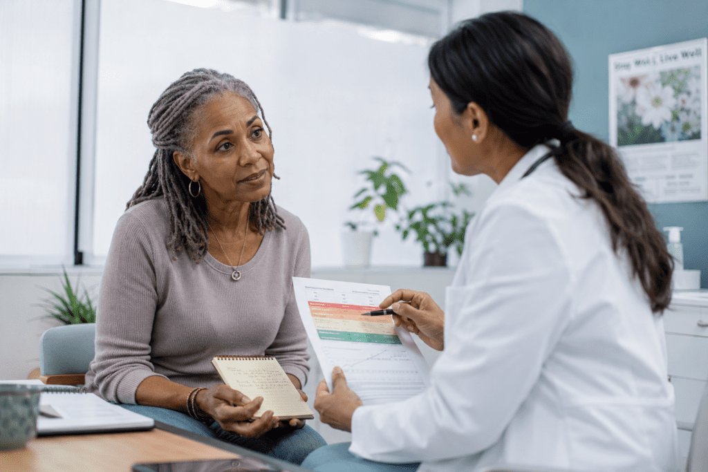 Older woman discussing natural blood sugar management risks with her doctor in clinic
