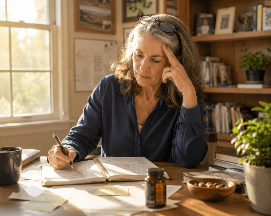 Woman in her 60s writing notes to improve memory with phosphatidylserine