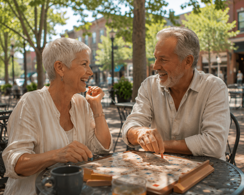 Mentally sharp couple in their 60s laughing during board game at outdoor café
