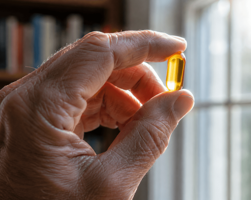 Older man holding phosphatidylserine capsule up to window light
