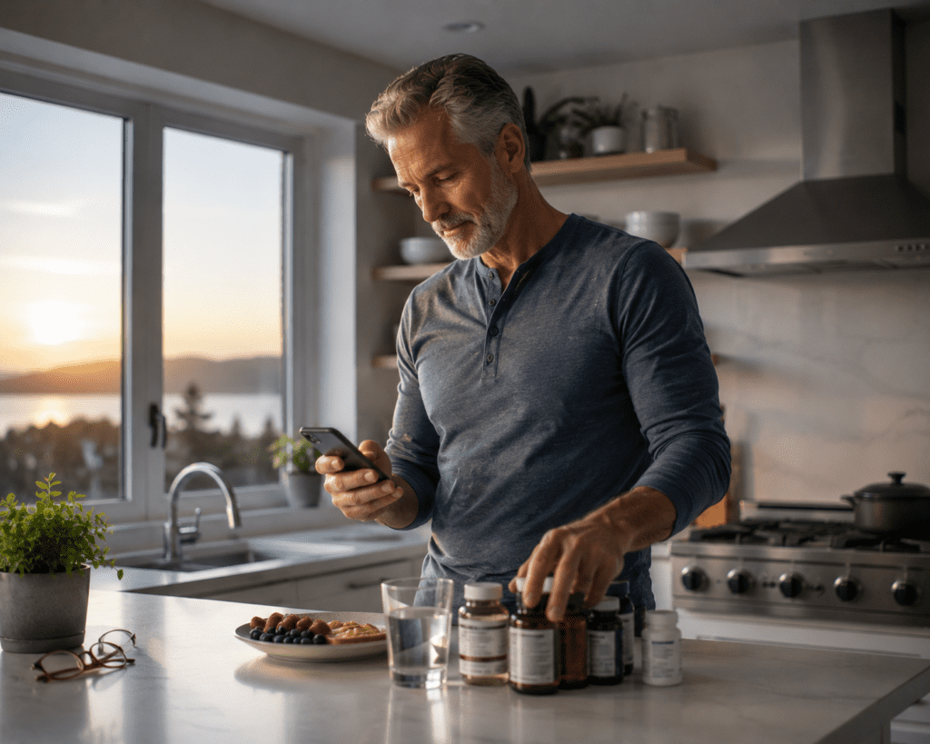 Man in late 50s organizing phosphatidylserine supplement routine at kitchen counter
