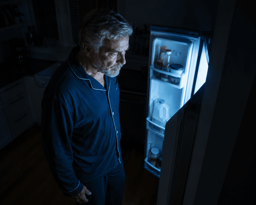 Tired older man opening fridge at night illustrating sleep-driven hunger hormones
