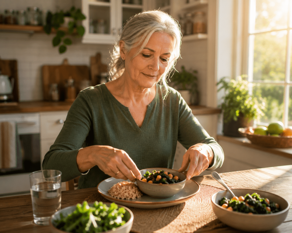Older woman carefully layering vegetables before carbs to prevent blood sugar spike