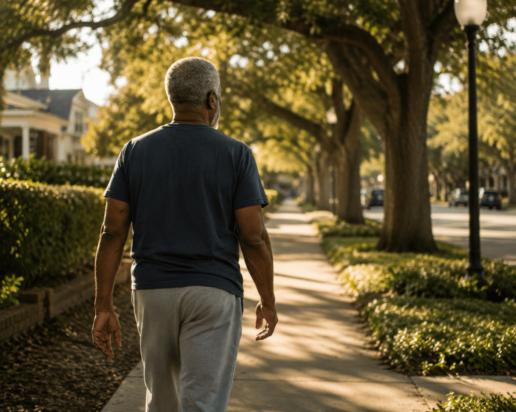 Older Black man taking post-meal walk outdoors to lower blood sugar naturally
