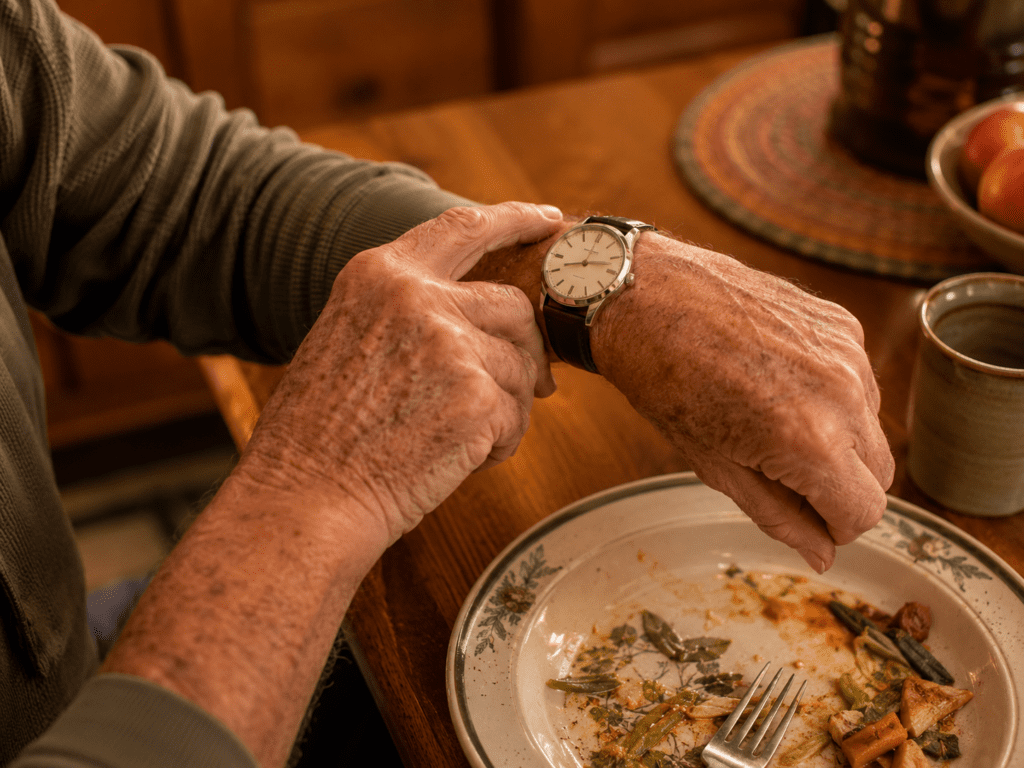 Older man checking watch after dinner to time his post-meal blood sugar walk