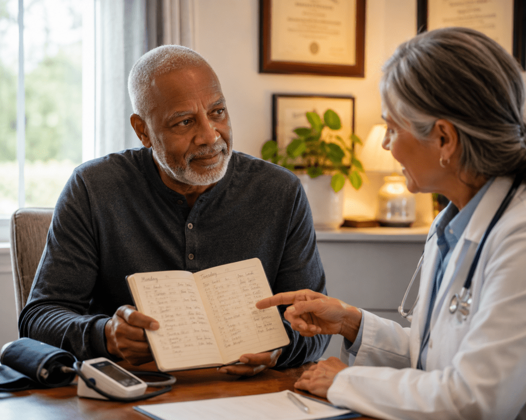 Senior man reviewing potassium diet journal with doctor for blood pressure management
