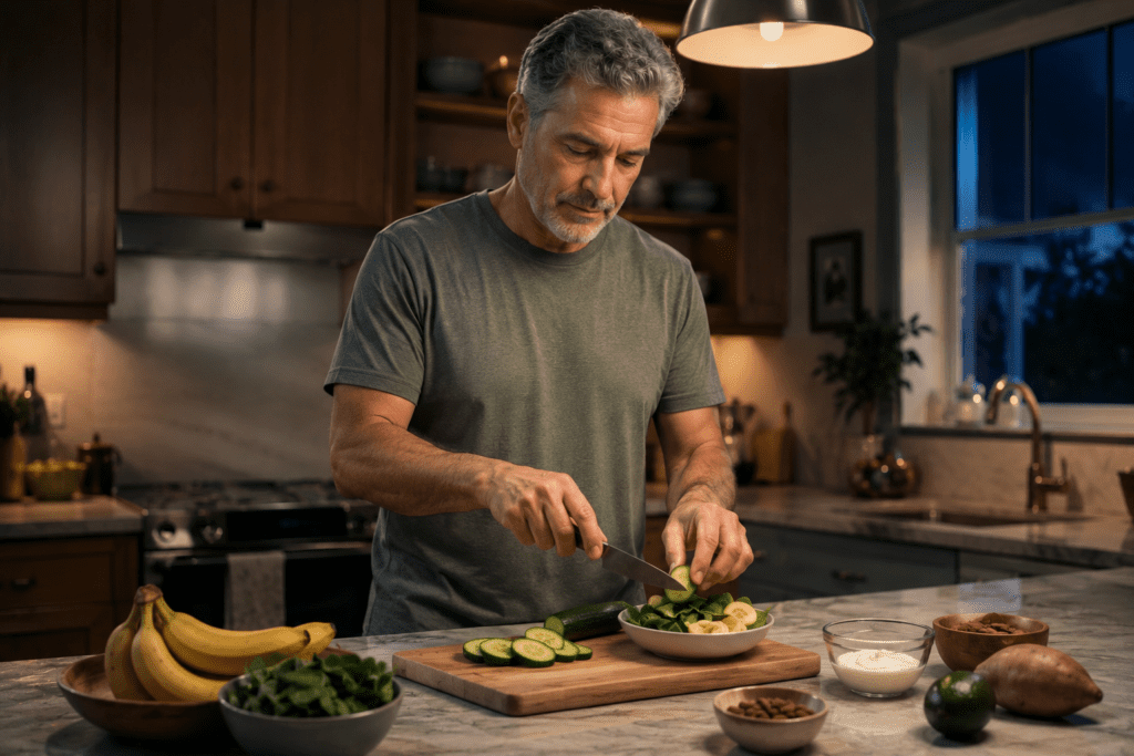 Man in his 60s preparing low-sodium potassium-rich evening snack at home
