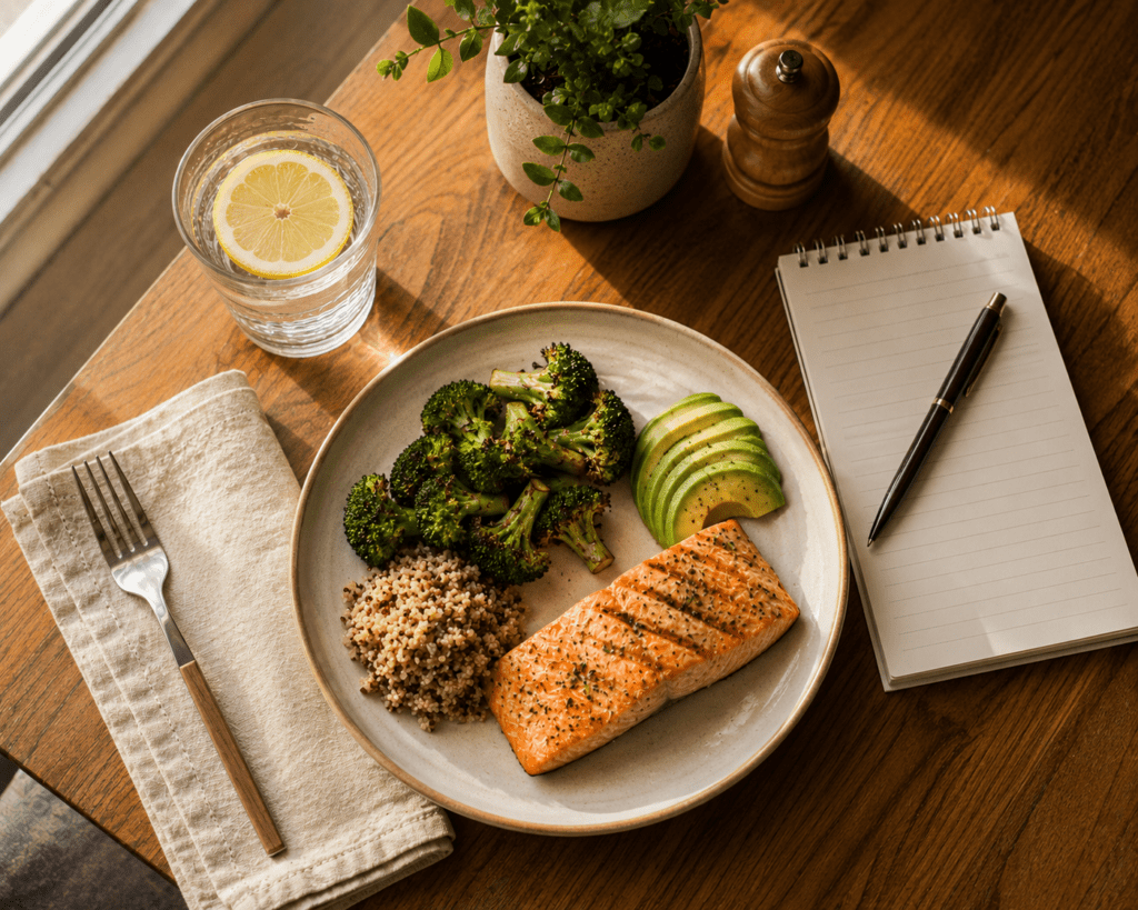 Balanced diabetic-friendly dinner plate with salmon quinoa and avocado on wooden table