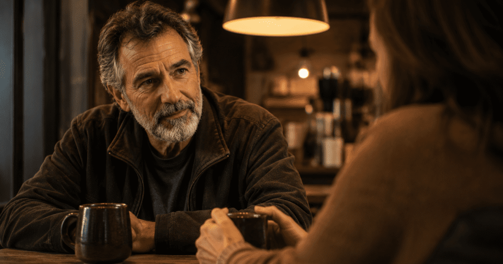 Older man in deep one-on-one conversation at cafe illustrating quality social connection for brain health
