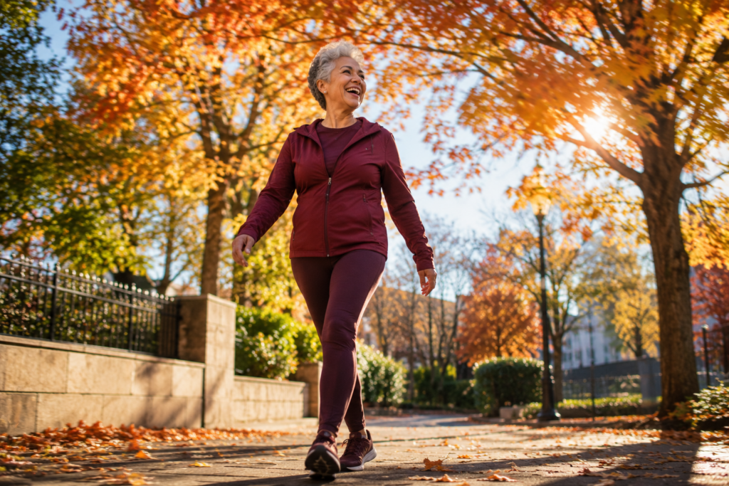 Active woman in her late 60s laughing while walking on autumn path
