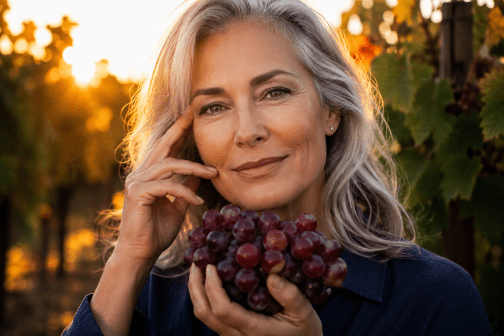 Woman in her 60s holding red grapes in a sunlit vineyard
