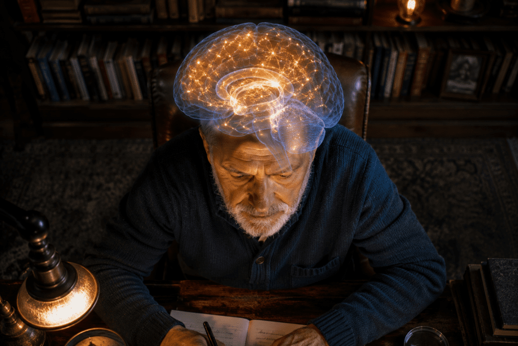 Older man concentrating with glowing brain neural pathway overlay
