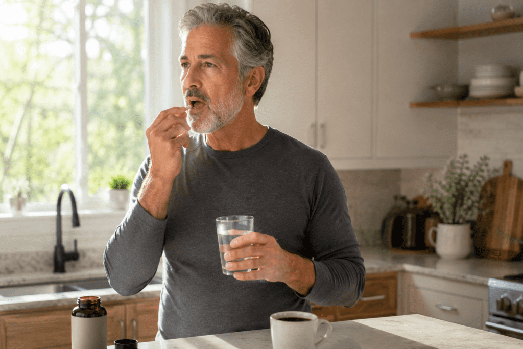 Man in his 60s taking resveratrol supplement capsule with water at kitchen
