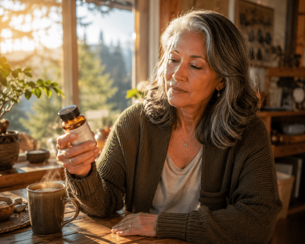 Woman aged 62 reading rhodiola rosea supplement bottle at sunny kitchen table