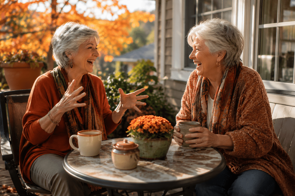 Two women aged 65 and 68 laughing energetically over coffee on autumn porch
