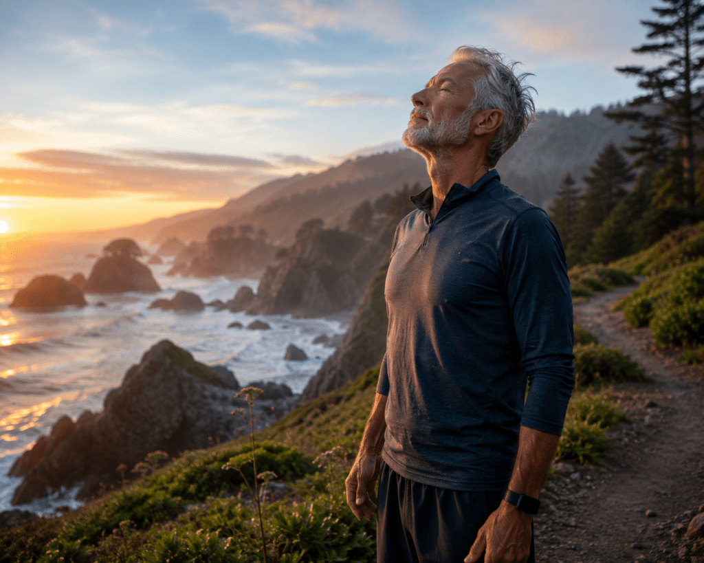 Silver-haired man aged 67 standing on coastal cliff at sunrise feeling energized
