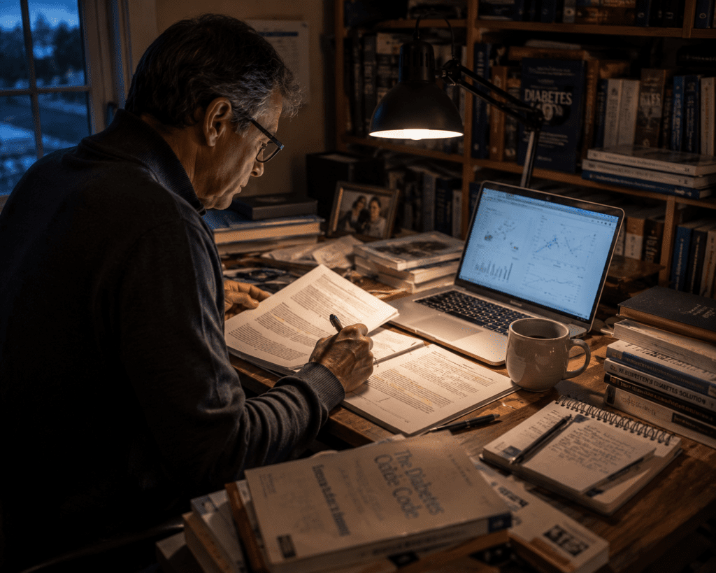 Man aged 59 reviewing rhodiola rosea clinical trial research papers at home desk
