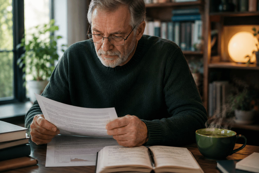 Senior man reading detox drink research study beside green tea mug
