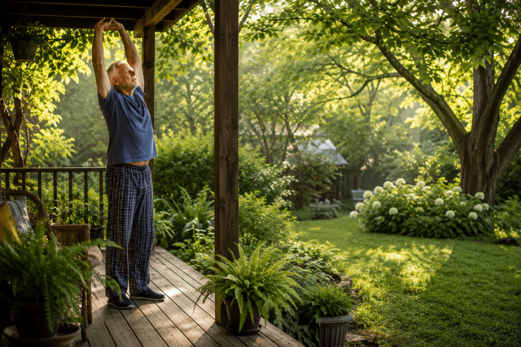 Senior man stretching outdoors on back porch supporting healthy blood sugar lifestyle habits
