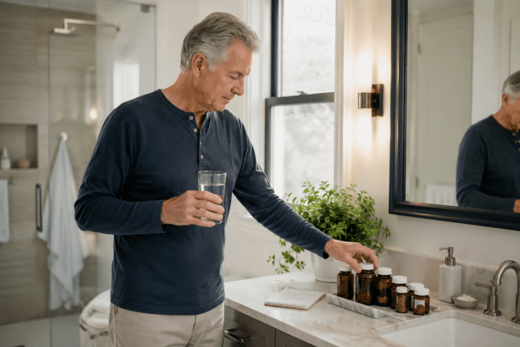 older man organizing daily supplement dosage schedule in bathroom morning routine
