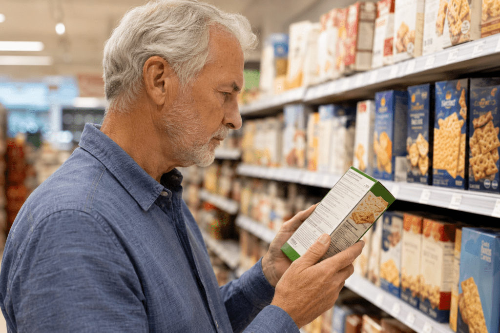 Senior man reading packaged food label in grocery store aisle carefully