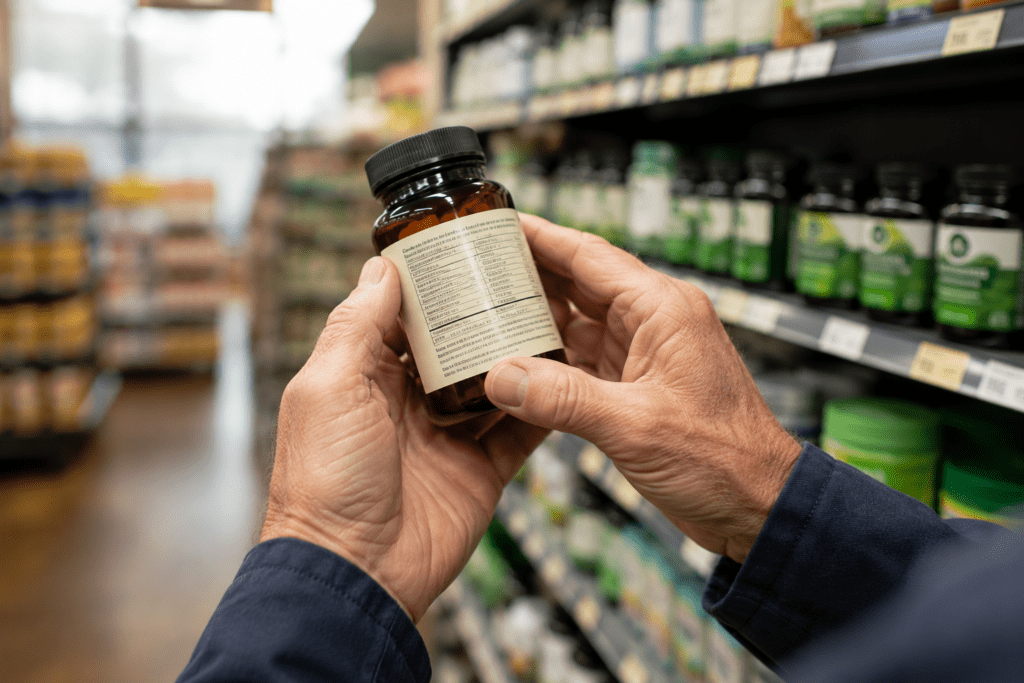 Senior man's hands reading organic multivitamin supplement label in grocery store aisle