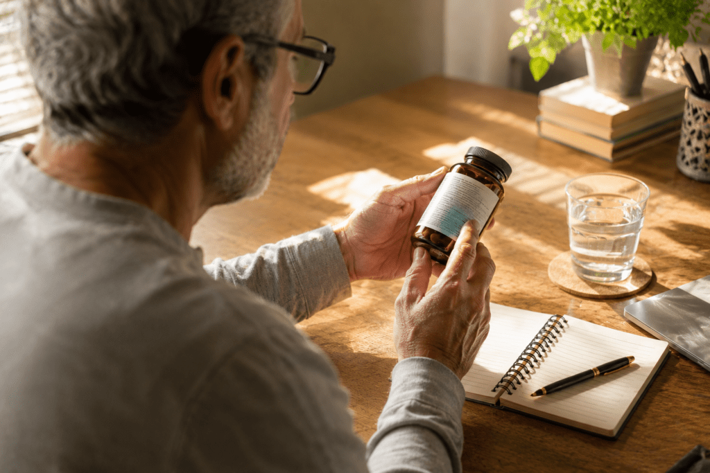 Senior man reading natural supplement label carefully at home office desk