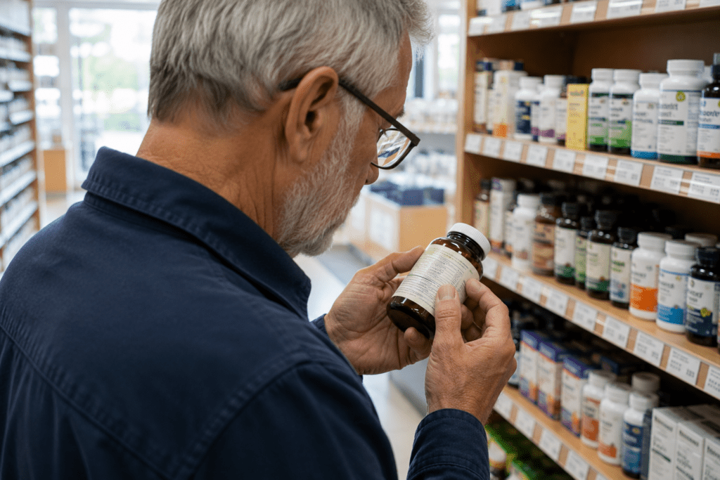 Senior man with reading glasses examining blood sugar supplement label at pharmacy