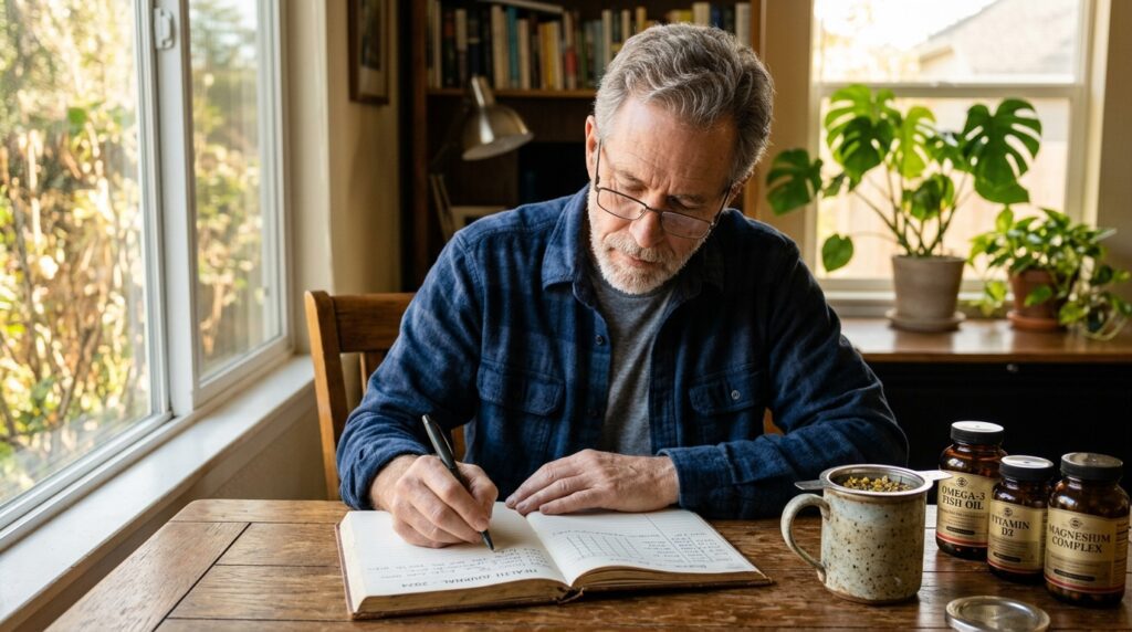 Senior man writing herbal supplement notes in health journal at desk