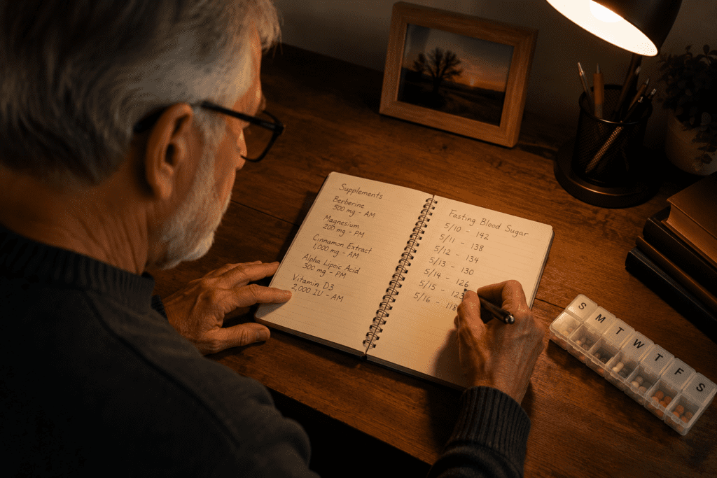 Senior man writing supplement dosage notes in health journal at home desk