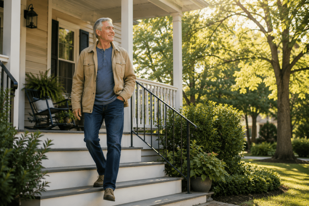 Senior man walking down porch steps easily with calm confident expression