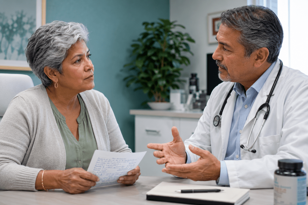 Senior woman consulting doctor about vitamin supplements and HbA1c blood sugar risks
