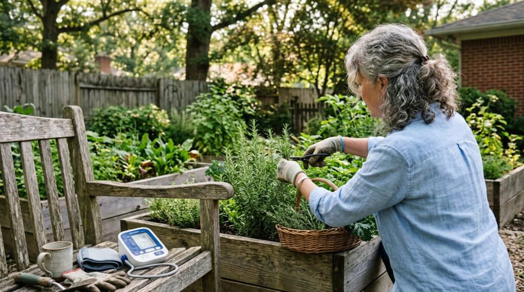 Senior woman harvesting garden herbs with blood pressure monitor nearby