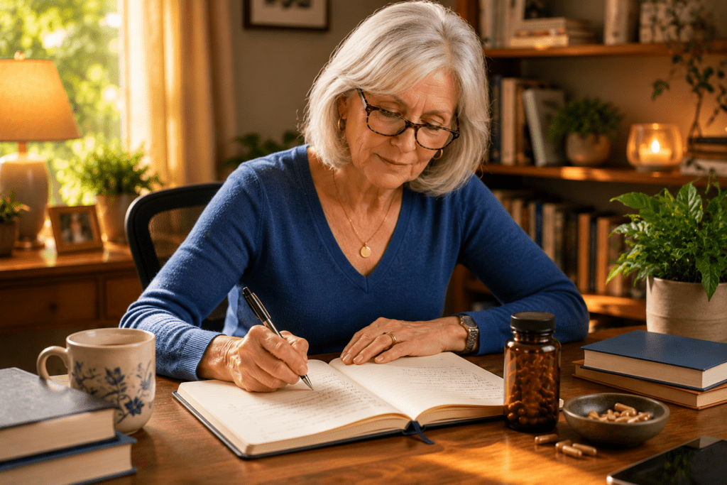 Senior woman writing in health journal at desk with supplement bottle nearby