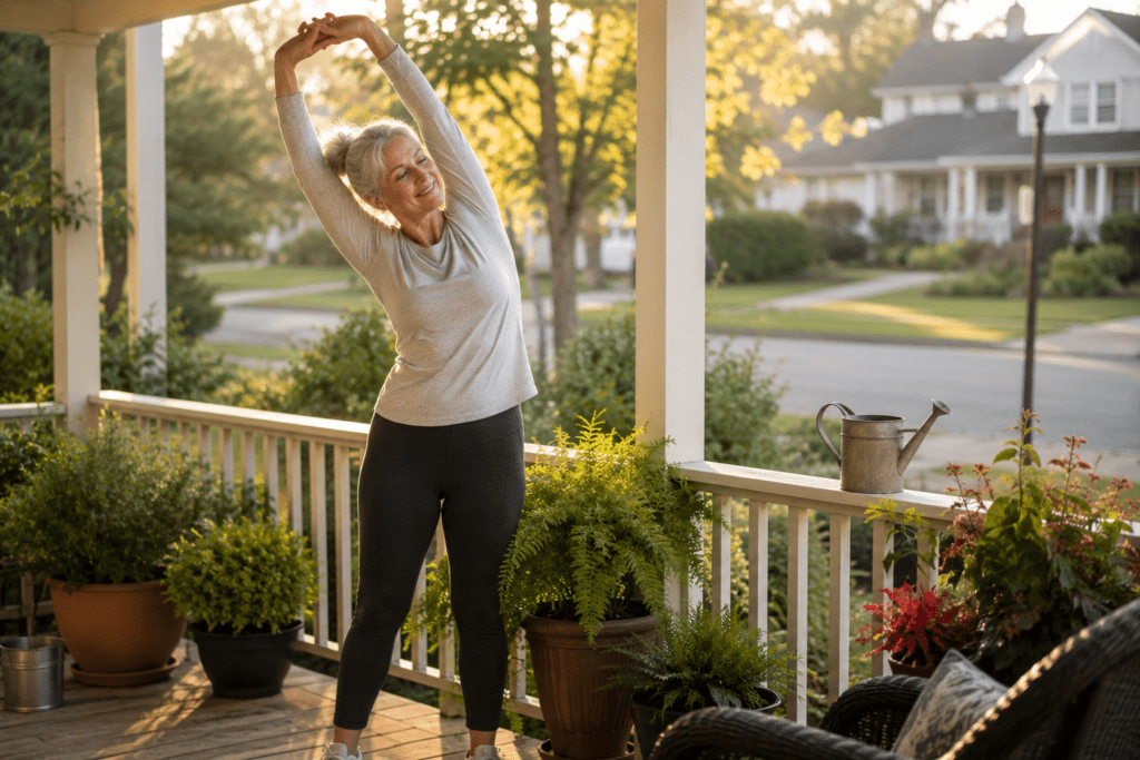 Senior woman stretching on front porch at sunrise as part of prediabetes lifestyle routine