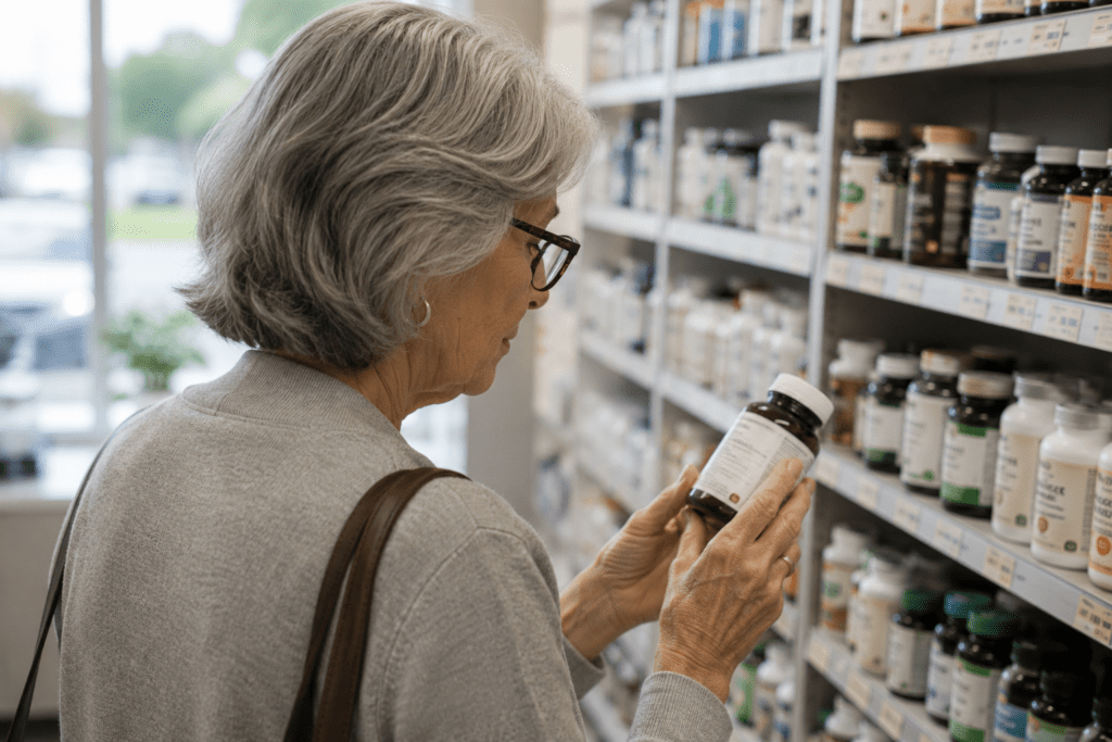 Senior woman carefully reading a natural supplement label at pharmacy shelf