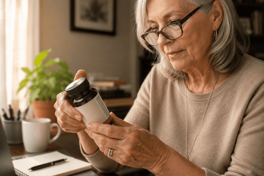 Senior woman carefully reading natural supplement label for blood sugar support