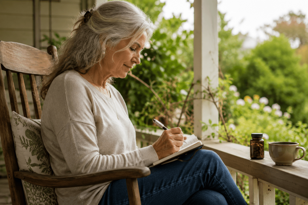Senior woman writing in health journal with supplement bottle on front porch