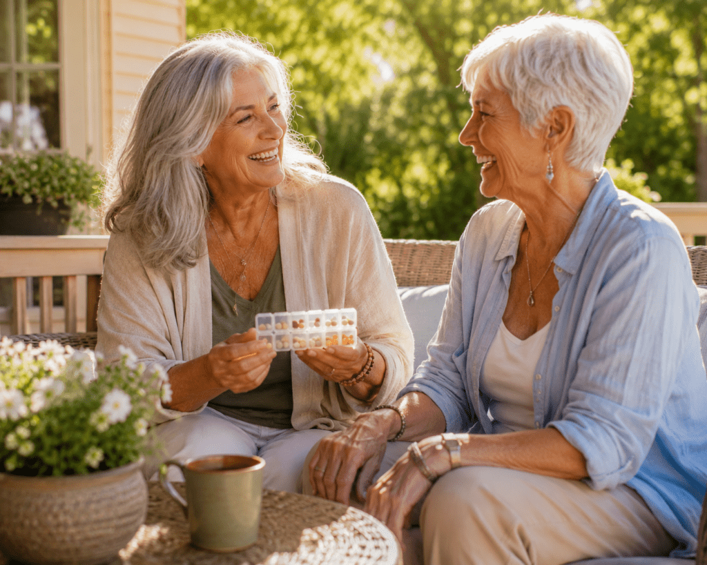 two senior women laughing outdoors holding natural supplement organizer in sunny backyard