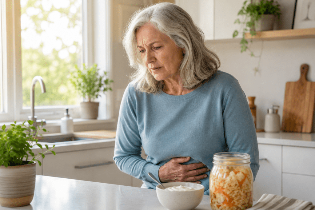 Senior woman holding abdomen near gut-healthy foods on kitchen counter