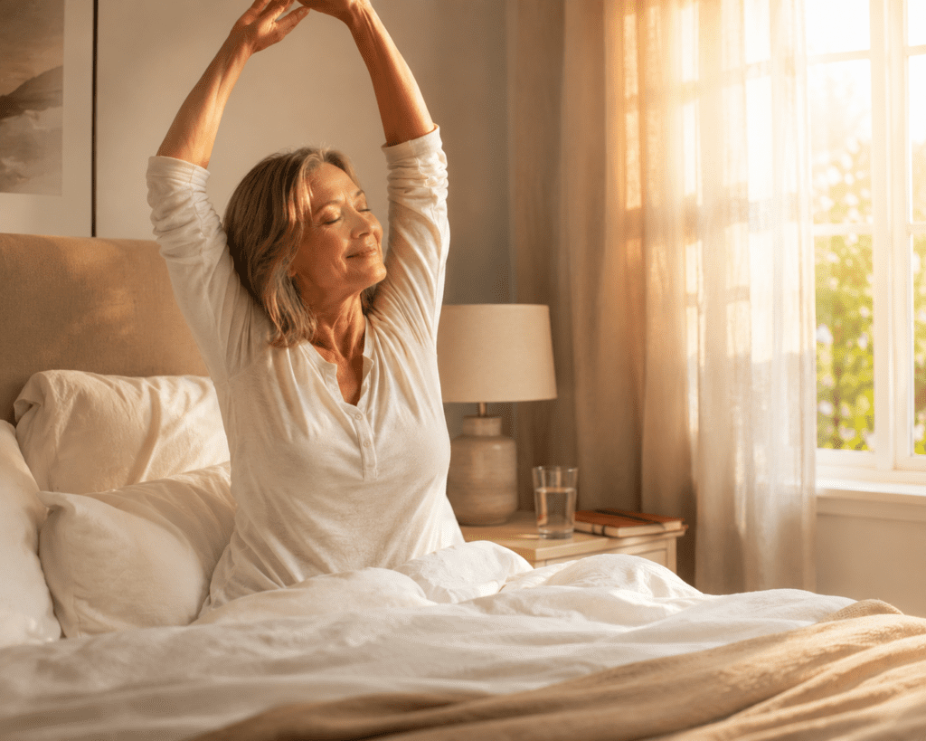 Woman in her 60s waking refreshed showing sleep and weight loss connection
