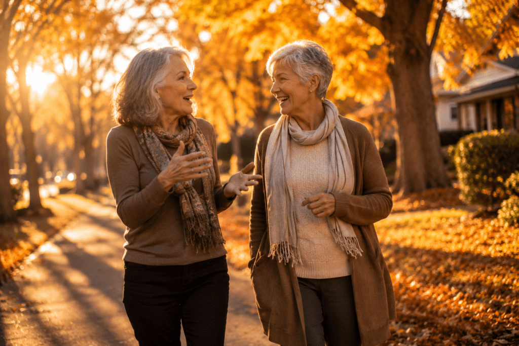 Two women in their 60s laughing during autumn walk representing brain vitality
