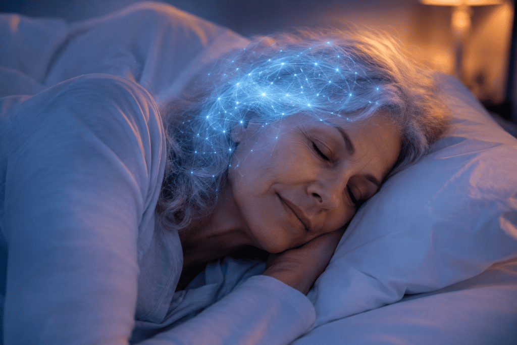 Senior woman sleeping peacefully with glowing brain neural network overlay