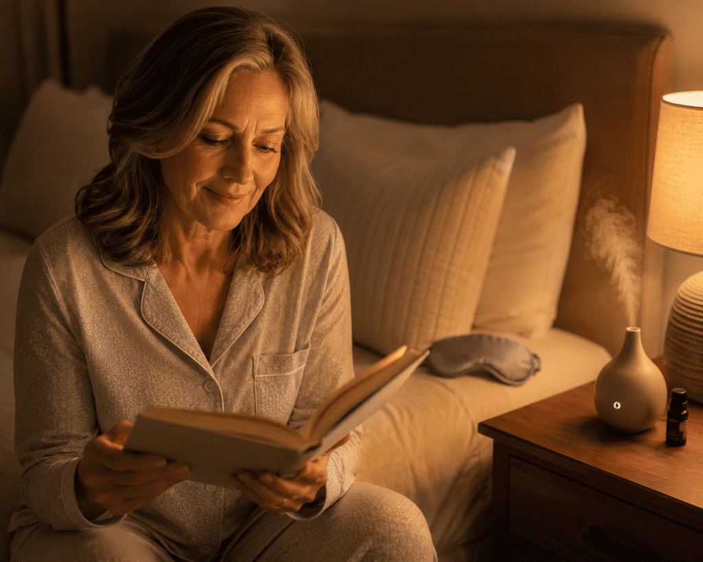 Woman in her 60s following calming bedtime routine to support weight loss sleep
