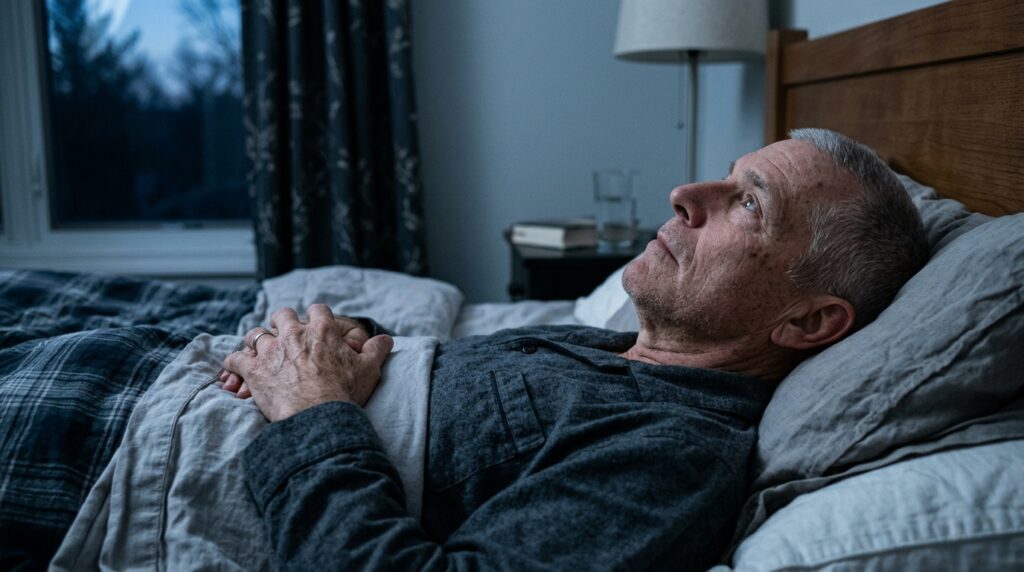 Senior man lying awake in bed at dawn illustrating sleep disruption and leptin hormone connection