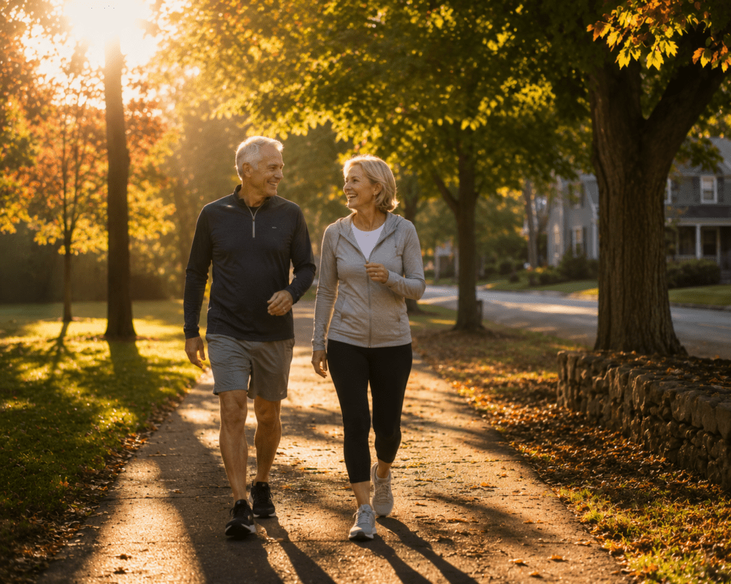 Active couple over 60 morning walk showing sleep and weight loss lifestyle results
