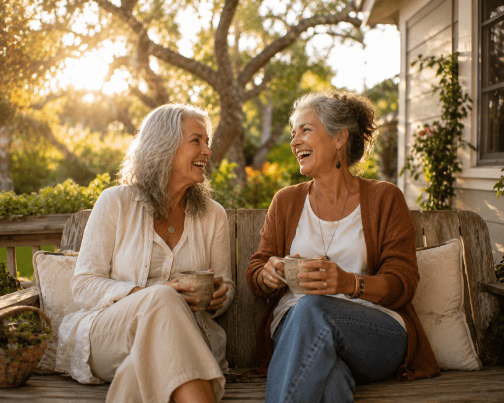 Two older women laughing together on porch supporting brain health through social connection