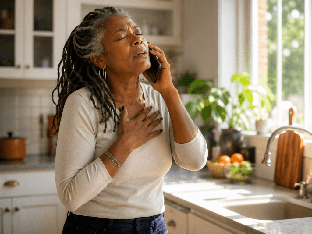 Older woman feeling physical chest tension during stressful phone call in kitchen
